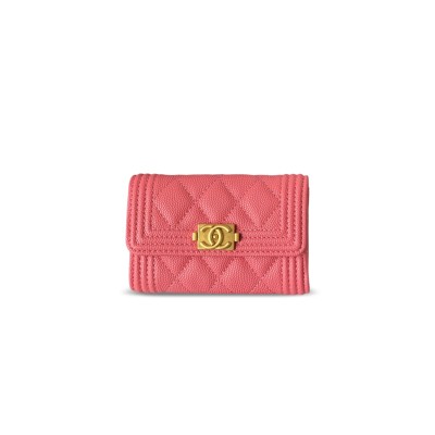 CHANEL BOY CHANEL FLAP CARD HOLDER GRAINED CALFSKIN PINK A80603 (11*8.5*3cm)